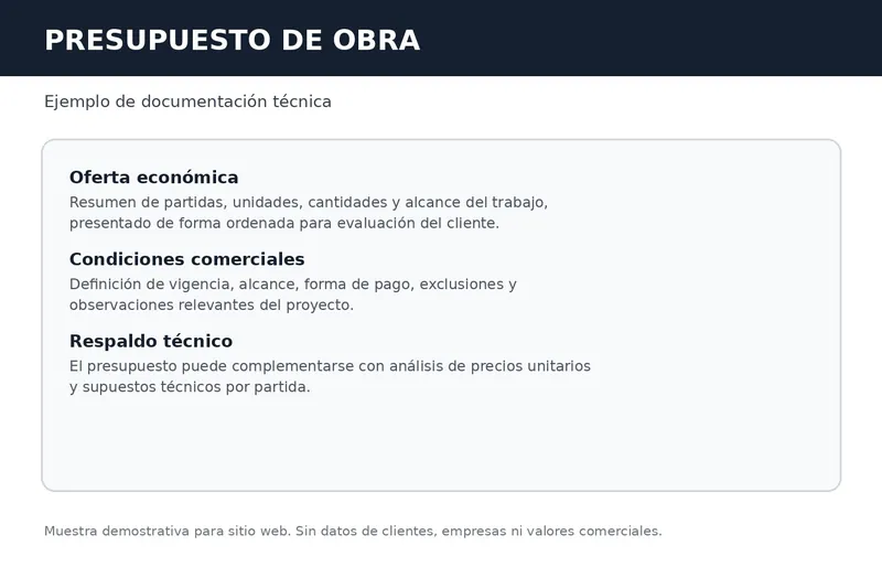 Cubicación, presupuesto y documentación del proyecto
