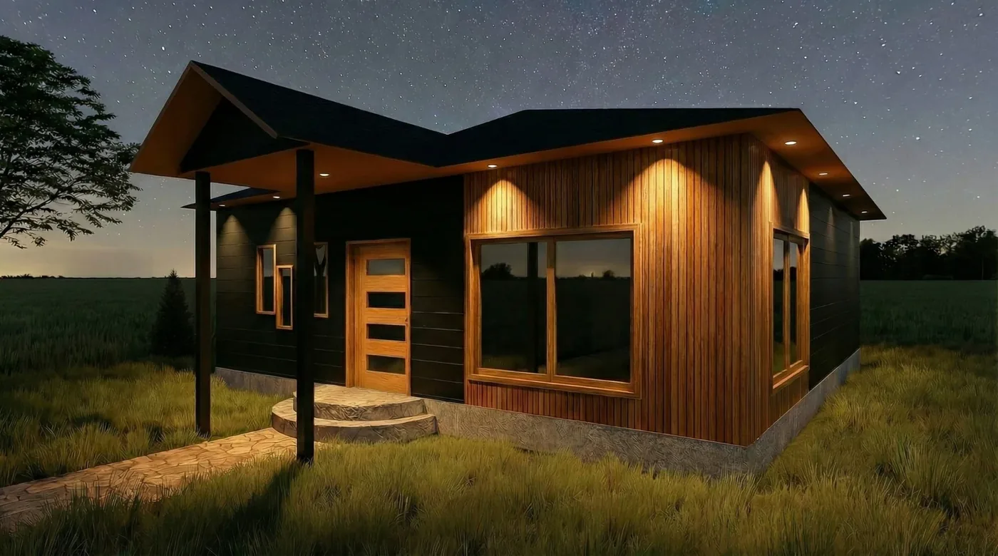 Visualización nocturna de vivienda rural