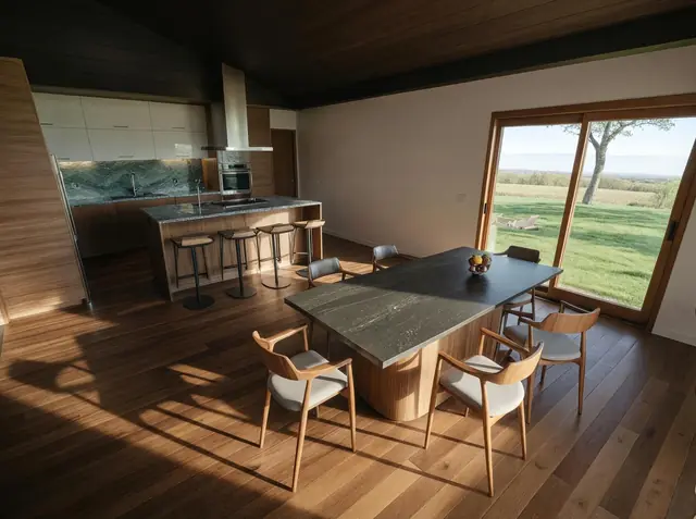Render interior de cocina y comedor
